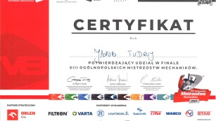 certyfikat K. Tudruja - finał XIII ogólnopolskich mistrzostw mechaników