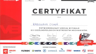 certyfikat R. Ciechonia - finał XIII ogólnopolskich mistrzostw mechaników